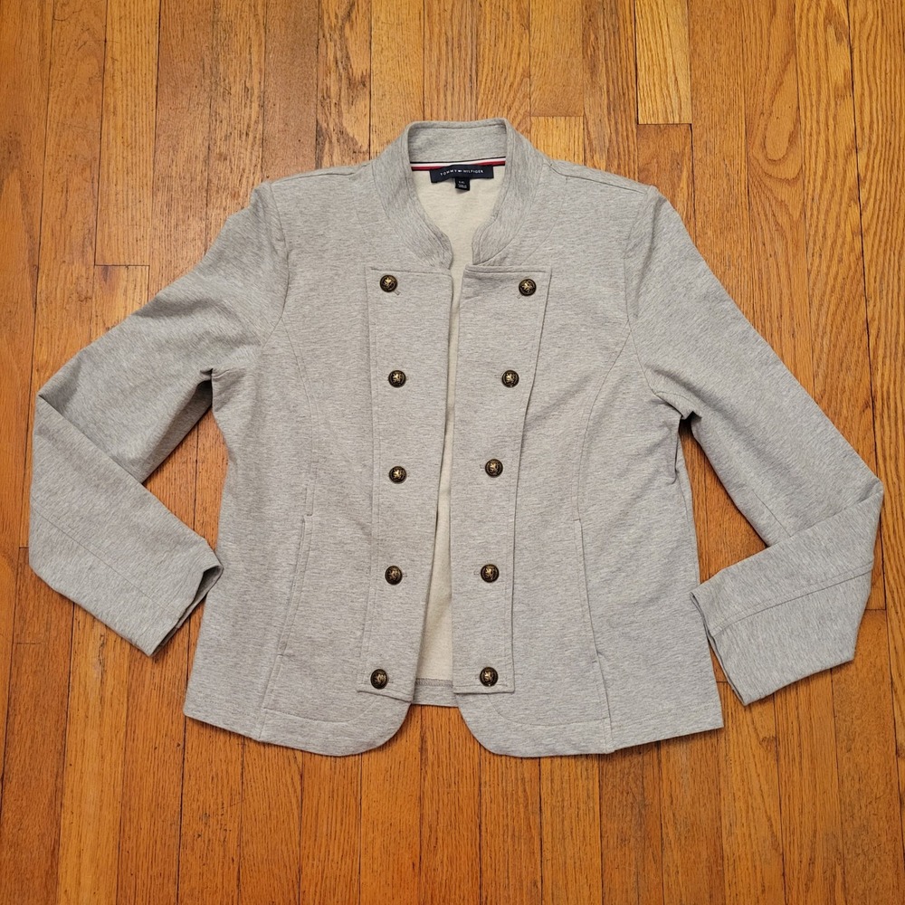 Tommy Hilfiger L Gray Military Band Jacket Crest Button Double Breast Blazer